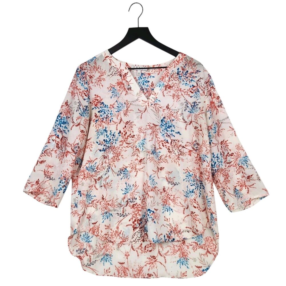 Chaus NY Sheer Tunic Blouse Sz Medium Feminine Abstract Floral Roll Tab Sleeves